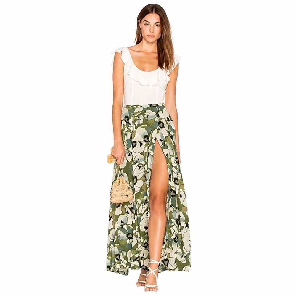Free People Hot Tropics Maxi Skirt Womens 6 Moss Green Painted Floral Slit